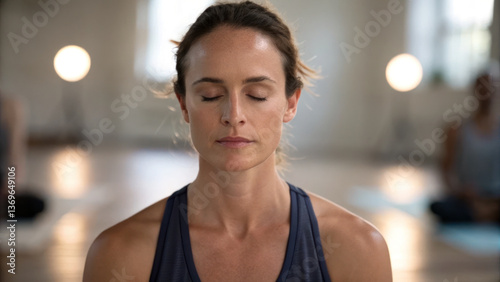 Mindful yoga instructor practicing meditation with closed eyes, exuding calmness and focus in serene studio environment
