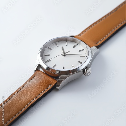Wallpaper Mural Stainless steel watch with a classic leather strap displayed on a minimalist surface showcasing elegant timekeeping design Torontodigital.ca