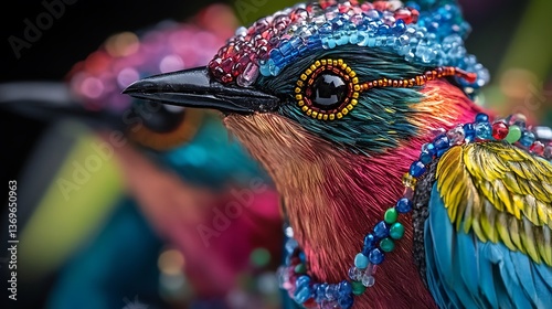 Vibrant Jewel-toned Bird Adorned with Exquisite Beadwork