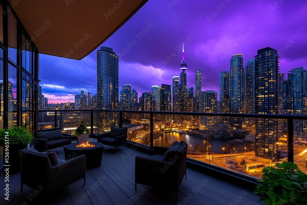 Obraz premium A rooftop view of Manhattan skyline at sunset, with warm hues blending into the city lights