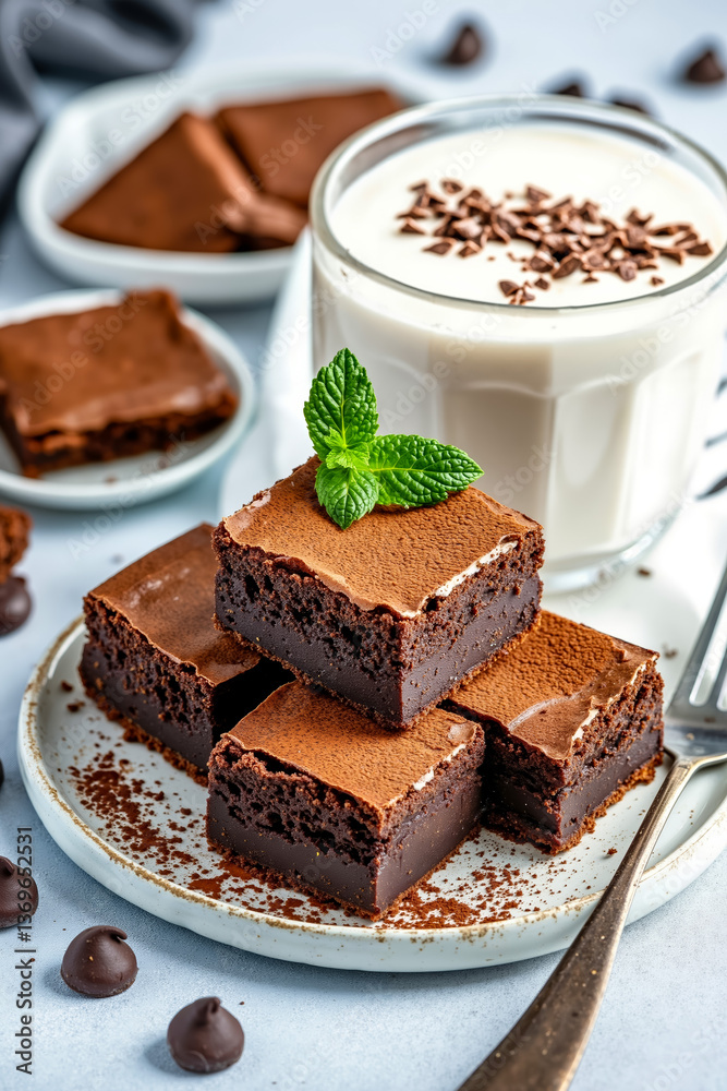 A plate of brownies and a glass of milk on a table A plate of brownies and a glass of milk on a table