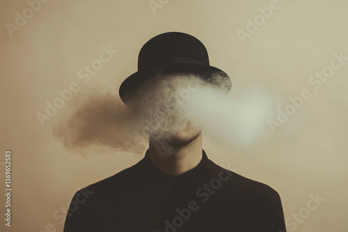 Surreal Faceless Man with Clouds in a Minimalistic Portrait