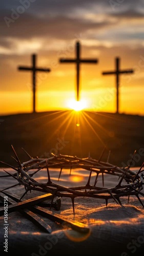 Crown of thorns and nails with three crosses at sunset, vertical footage