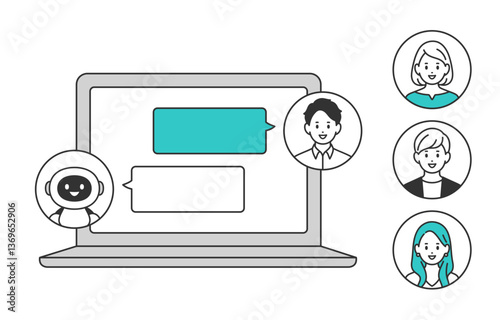 パソコンでAIとチャットする若い男性（差し替え用のアイコンセット）【人物ベクターイラスト素材】