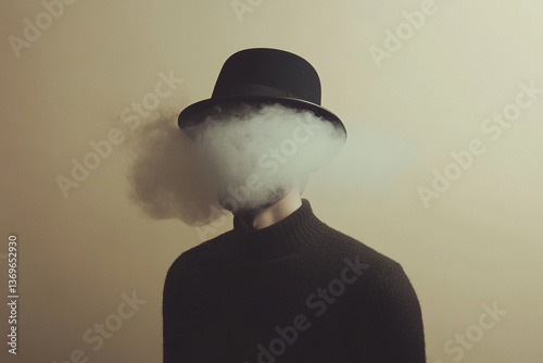 Surreal Faceless Man with Clouds in a Minimalistic Portrait