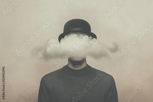 Surreal Faceless Man with Clouds in a Minimalistic Portrait