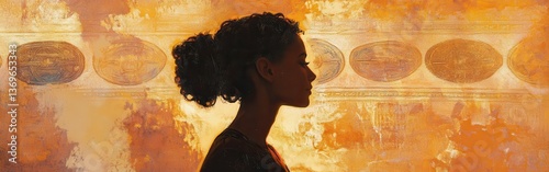 Serene portrait of a glowing woman with intricate background in warm tones