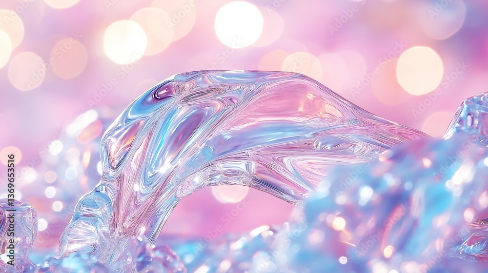 A futuristic translucent glass-like crystal shape is suspended in a soft pastel world of sparkles and bokeh light orbs. The surreal, abstract background blends light, motion and elegance. A futuristic translucent glass-like crystal shape is suspended in a soft pastel world of sparkles and bokeh light orbs. The surreal, abstract background blends light, motion and elegance.