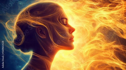 Serene portrait of a woman illuminated by a radiant glow, captured in a tranquil moment of reflection and peace