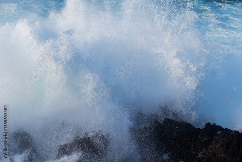 Powerful storm waves in Porto Moniz, on the Madeira Atlantic coastline, Portugal