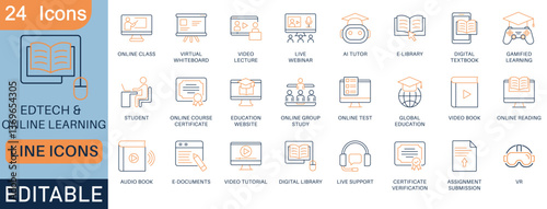 A premium EdTech and e-learning icon set with AI tutors, virtual classrooms, webinars, gamified learning, digital textbooks, certificates, and VR. For online courses, apps, and education platforms.