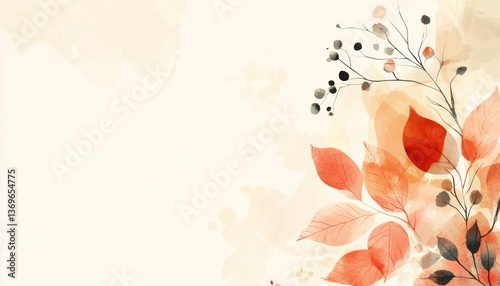 Autumn background vector watercolor pastel color splash with white line hand-drawn leaves and berries for design