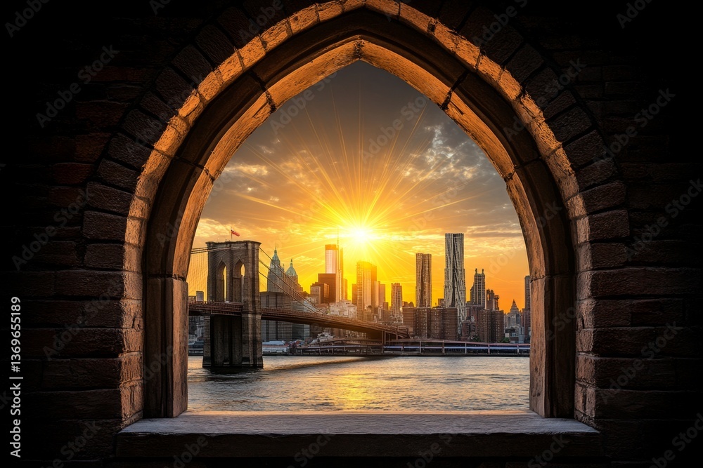 Fototapeta premium A sunrise view of the Brooklyn Bridge, with golden light reflecting off the East River