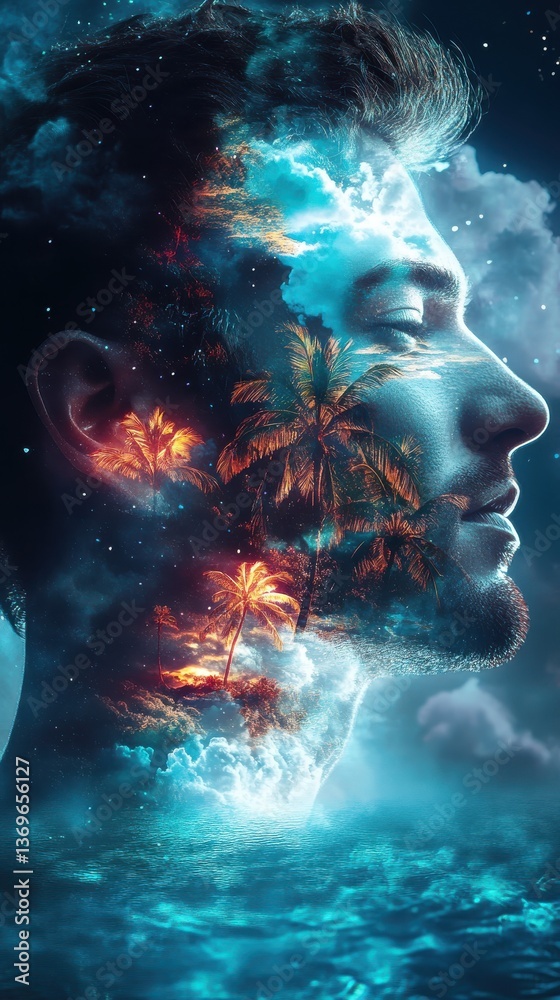 Mystical profile of a man with a dreamy landscape of palm trees and clouds illuminated by light Mystical profile of a man with a dreamy landscape of palm trees and clouds illuminated by light