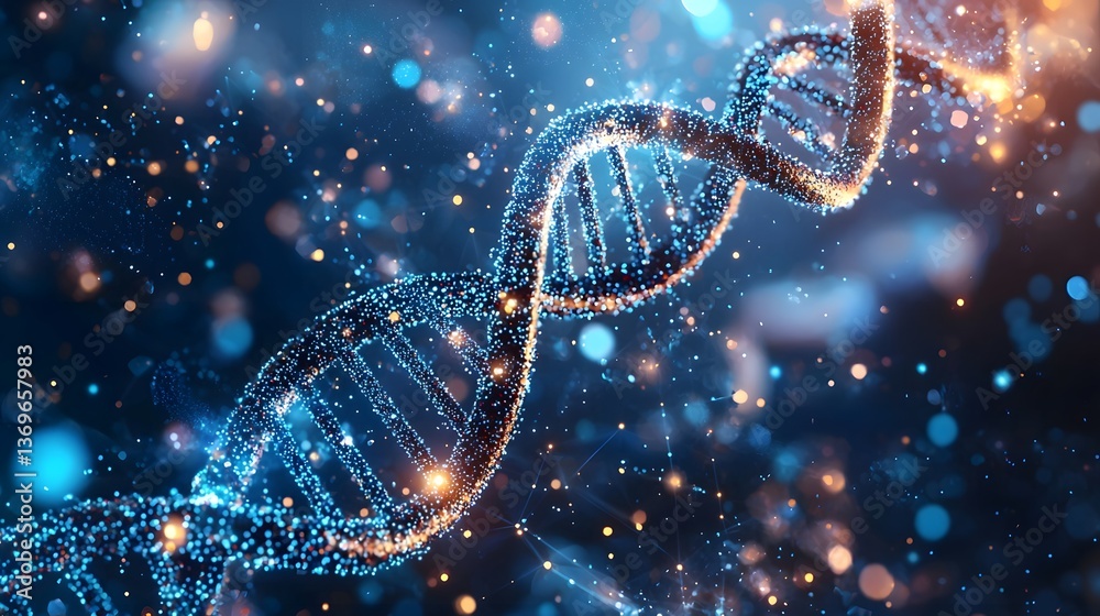 Abstract DNA helix with digital particles and glowing genome visualization Abstract DNA helix with digital particles and glowing genome visualization