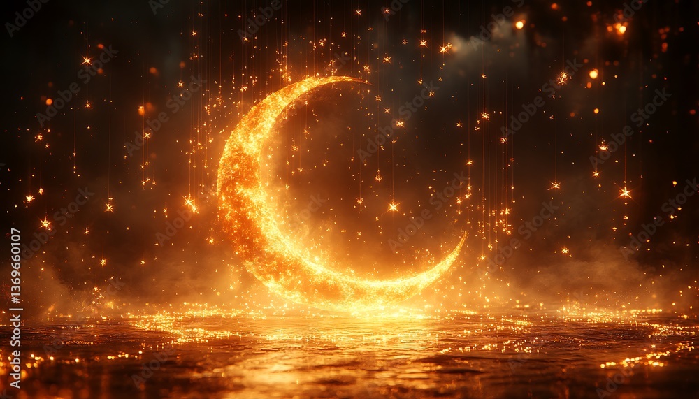 Naklejka premium Fiery Crescent Moon, Night Sky, Reflection