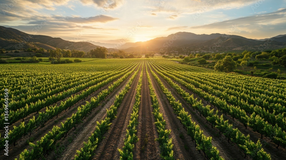 Naklejka premium Vibrant vineyard rows under a golden sunset, rolling hills in the distance. Showcase wine industry, agriculture, and the beauty of natural landscapes.
