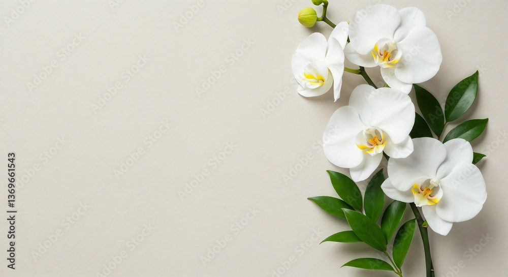 Background of white orchids elegantly arranged with green leaves Background of white orchids elegantly arranged with green leaves