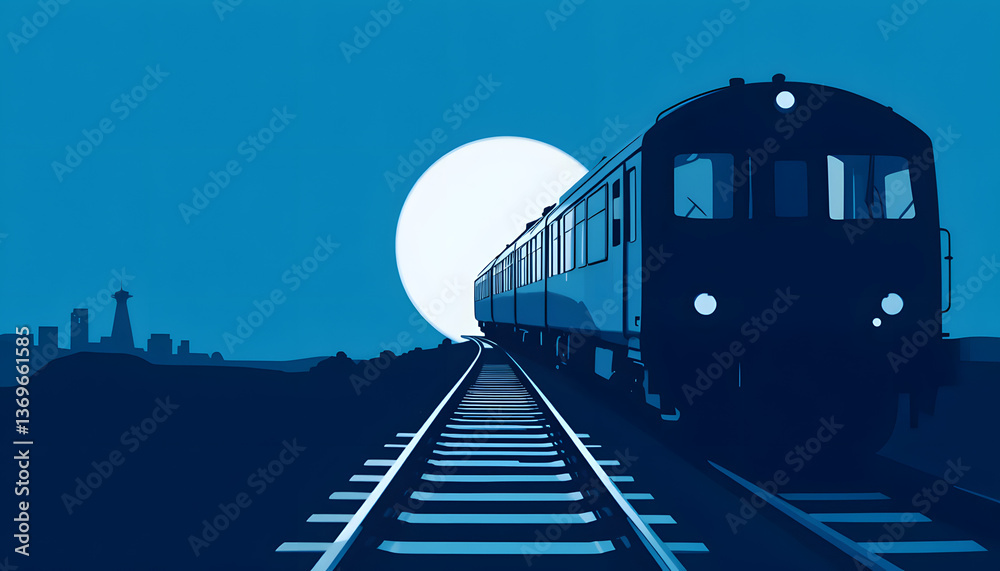 Fototapeta premium Train silhouette traveling along the railway tracks under a large moon in the background