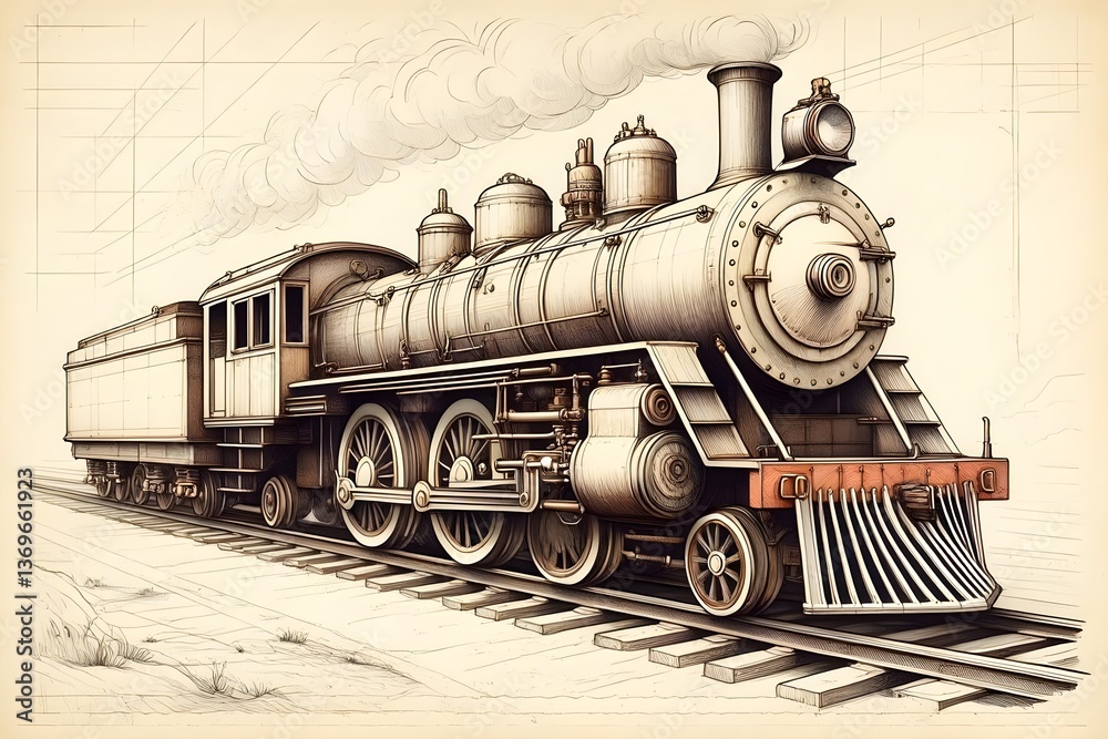 Naklejka premium Vintage steam locomotive pencil sketch