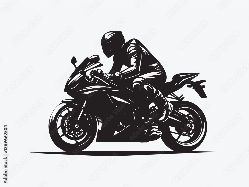Motorcycle Rider Silhouette in Dynamic Pose with Bold Lines and Dramatic Contrast Motorcycle Rider Silhouette in Dynamic Pose with Bold Lines and Dramatic Contrast