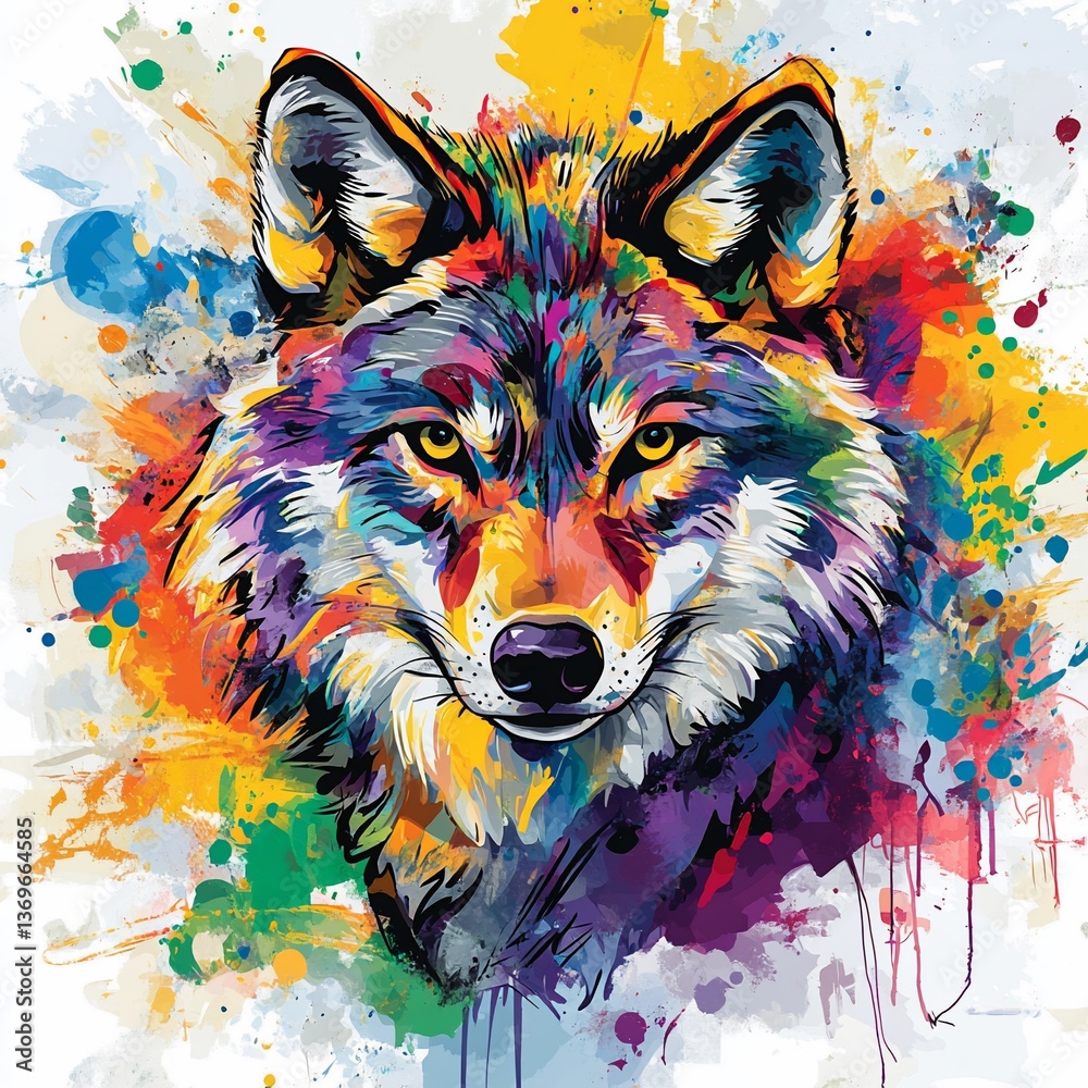Fototapeta Vibrant colorful wolf portrait, abstract style with splashes of paint.