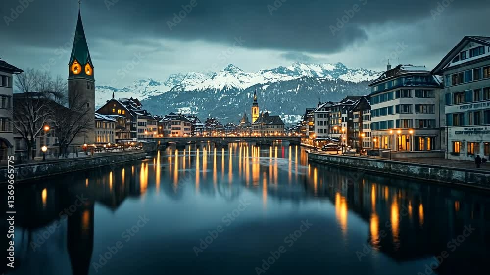 Winter panorama of Zurich with illuminated buildings reflecting in Limmat river