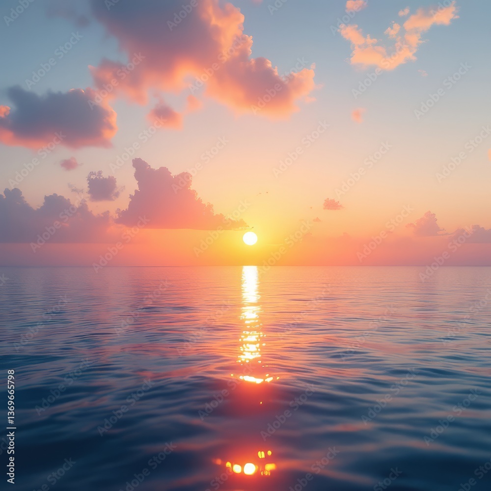 Fototapeta premium Calm Ocean Reflecting a Vibrant Sunrise with Soft Clouds Above