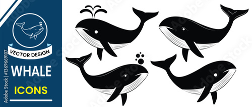 Blue whale, humpback whale symbol design for logo, app, web. Whale icon, vector silhouette design.  Wild and sea animal vector illustration.