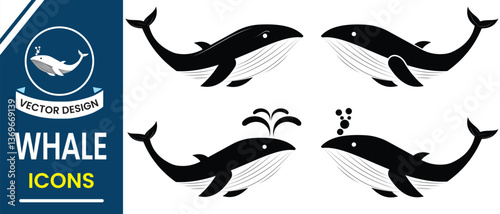 Whale icon, vector silhouette design.  Blue whale, humpback whale symbol design for logo, app, web. Wild and sea animal vector illustration.