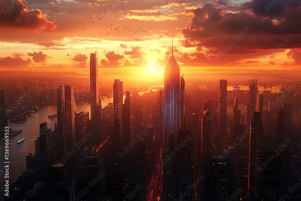 Fototapeta premium Spectacular sunset over a futuristic city skyline. Tall skyscrapers silhouette against a fiery orange and red sky. Dramatic clouds add depth and texture.