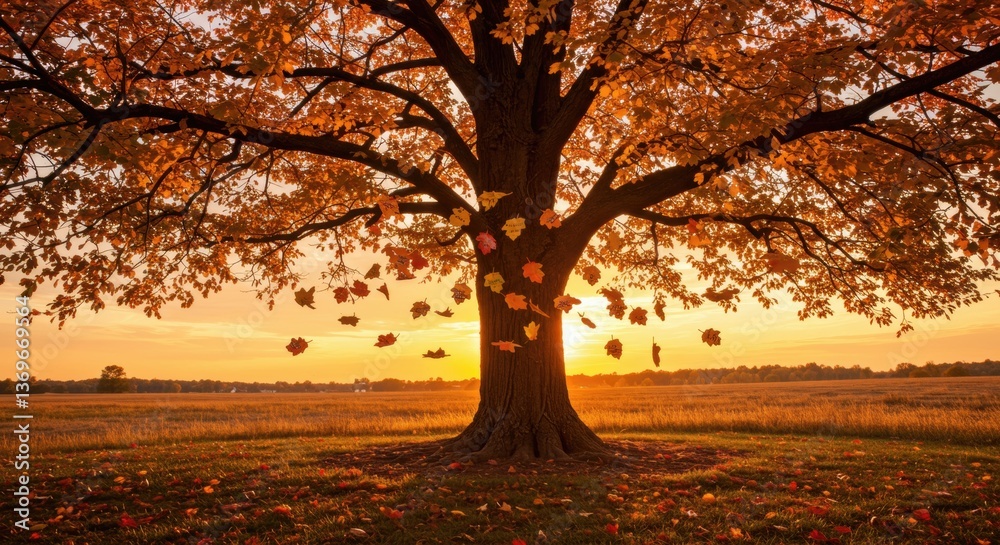 Naklejka premium Majestic autumn tree with vibrant orange leaves at sunset in a serene open field - condolence picture