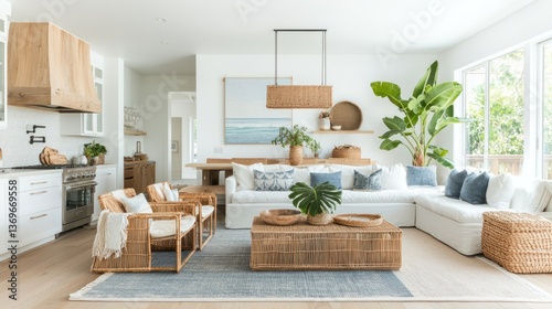Bright, airy living space with coastal design elements;  natural textures and a calming palette