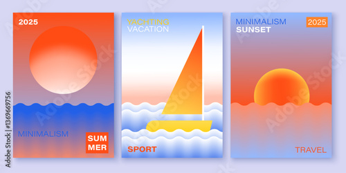 Sun, sea, yacht cards set. Waves, sky, sunset, sunrise, sea view posters. Bright colorful gradients.