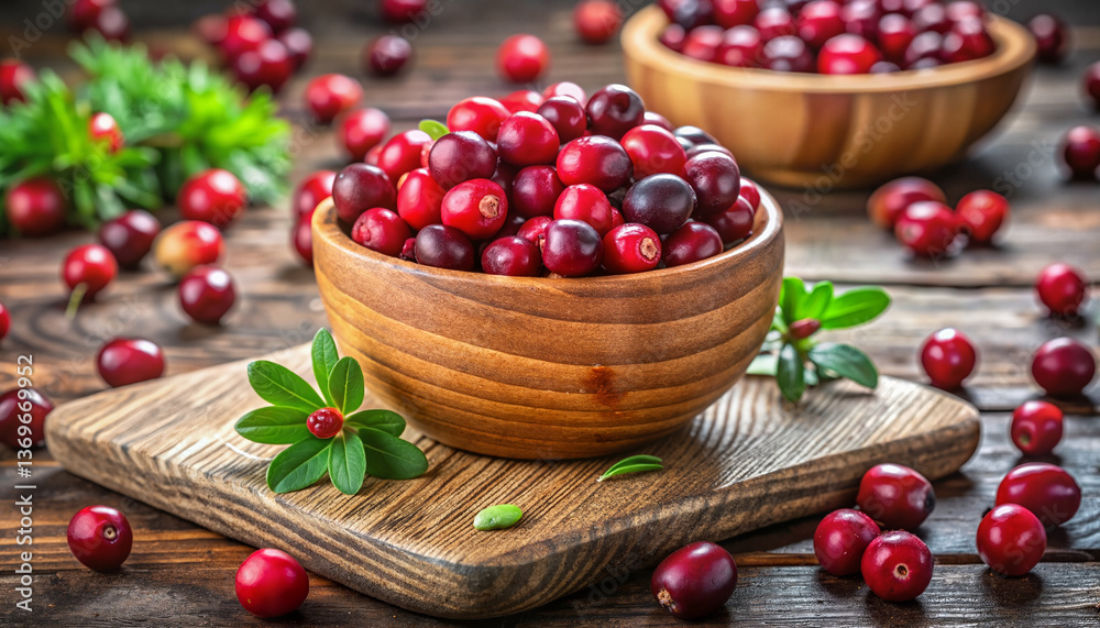 Cranberries in wooden bowls on rustic table Cranberries in wooden bowls on rustic table
