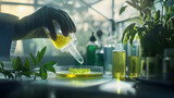 pouring a chemical substance into a petri dish with plant extracts on the side, in a laboratory with a view of nature outside 