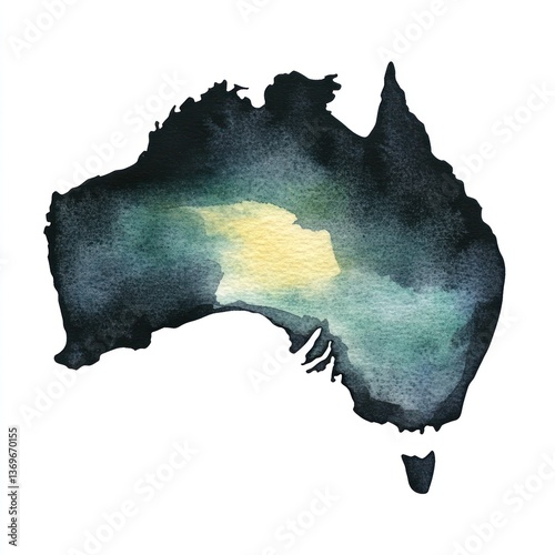 Watercolor map of Australia, black, on a white background, in a clip art style, with a simple design and colors.