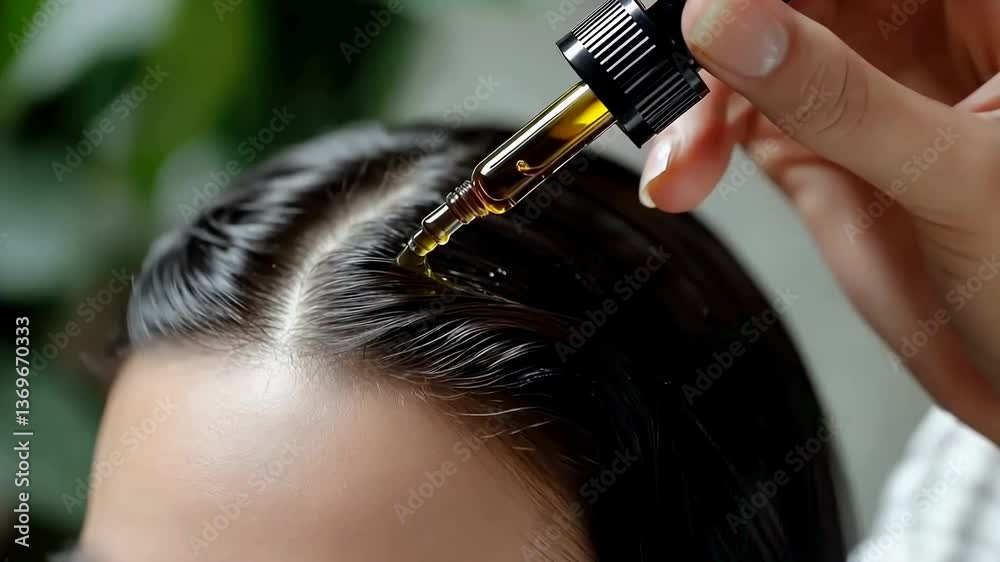 A close-up view of a woman applying hair growth serum to her scalp using a dropper.	