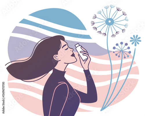 Woman Using Inhaler for Asthma Relief with Floral and Cloud Design