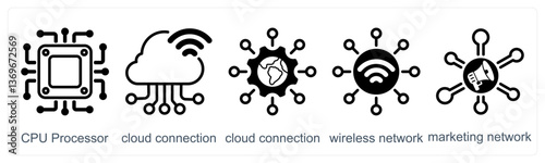 A set of 5 business icons as cpu processor, cloud connection, wireless network