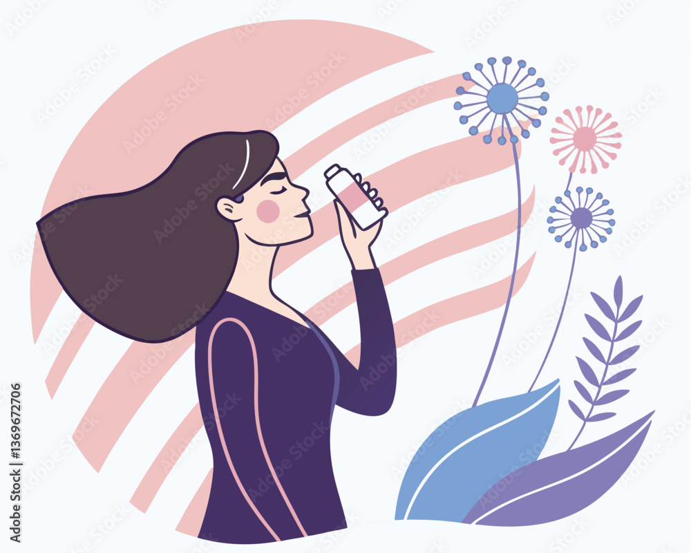 Woman Using Inhaler for Asthma Relief with Floral and Cloud Design Woman Using Inhaler for Asthma Relief with Floral and Cloud Design