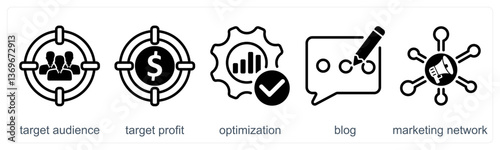 A set of 5 business icons as target audience, target profit, optimization