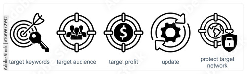 A set of 5 business icons as target keywords, target audience, target profit