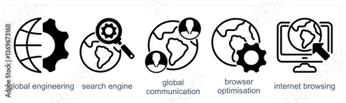 A set of 5 business icons as global engineering, search engine, global communication