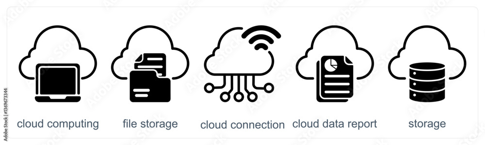 A set of 5 business icons as cloud computing, file storage, cloud connection A set of 5 business icons as cloud computing, file storage, cloud connection