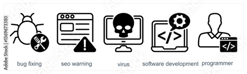 A set of 5 business icons as bug fixing, seo warning, virus