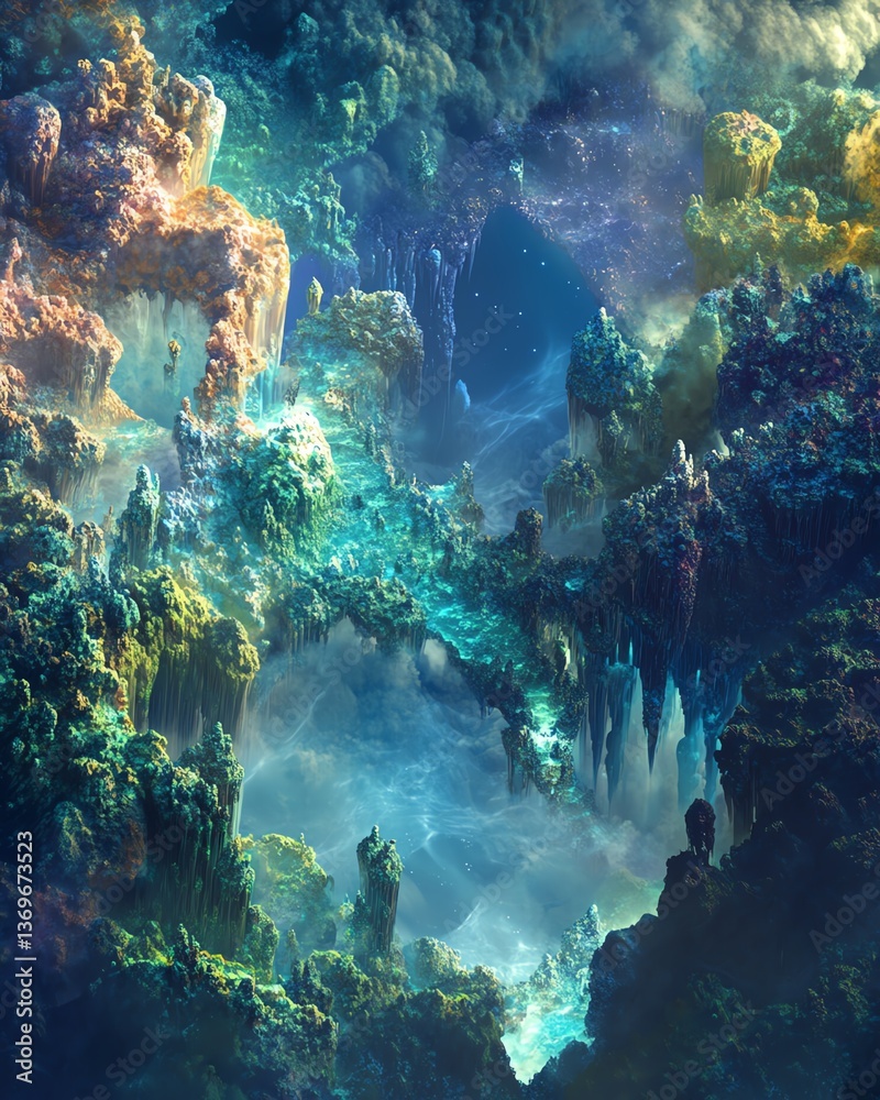 Fototapeta premium Surreal underwater landscape. Vibrant coral reefs, mystical caves, and ethereal fog create a fantasy world. Ideal for fantasy art, game design, and imaginative projects.