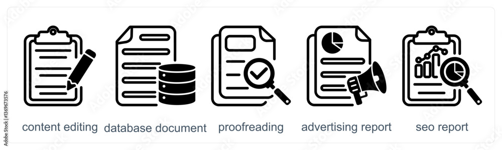 A set of 5 business icons as content editing, database document, proofreading A set of 5 business icons as content editing, database document, proofreading