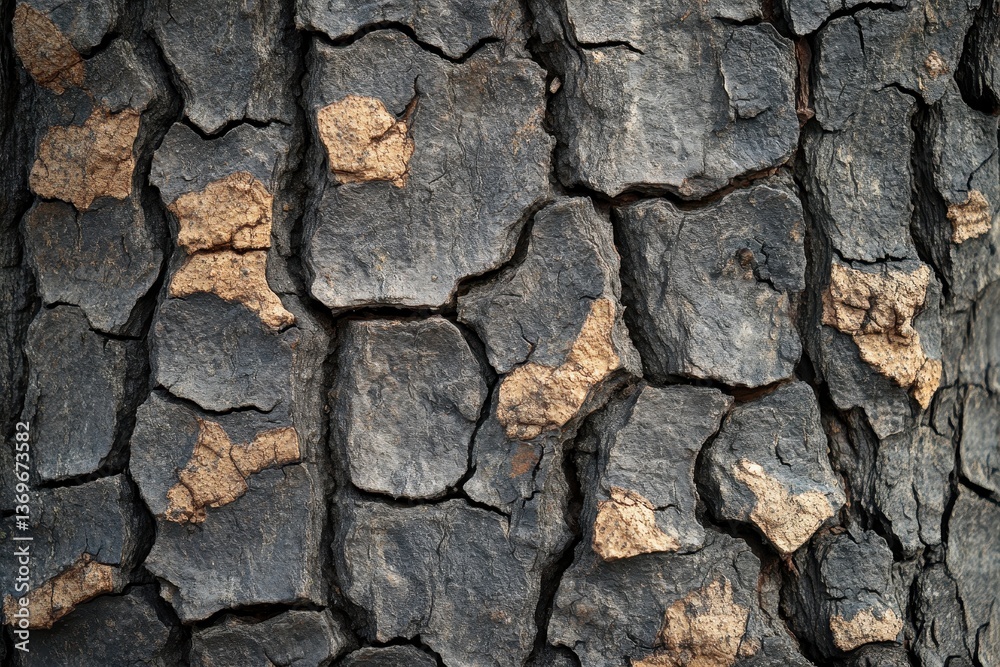 Obraz premium Rough, dark tree bark displays cracked patterns with golden brown showing through. Use this texture for backgrounds, nature-themed designs, or organic templates.