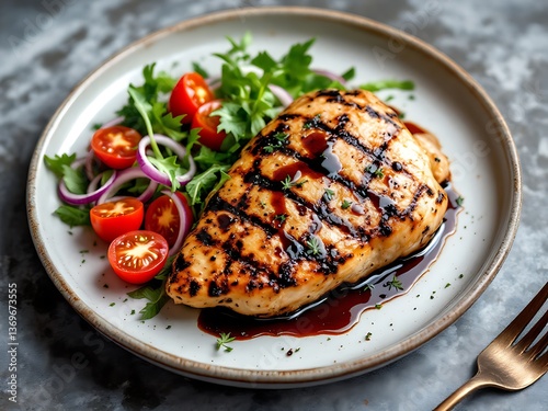 A succulent grilled chicken breast, glistening with a rich balsamic glaze, served alongside a vibrant arugula salad with juicy cherry tomatoes and red onion, on a rustic plate.